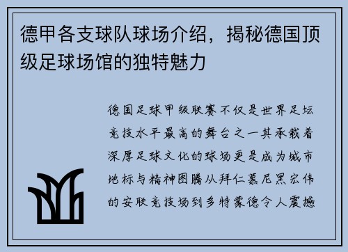 德甲各支球队球场介绍，揭秘德国顶级足球场馆的独特魅力